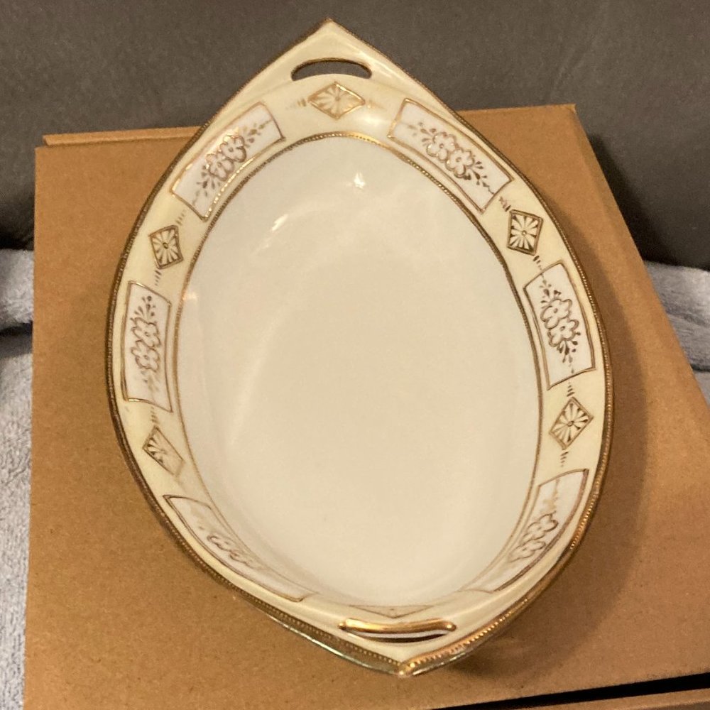 ATQ 1891 Noritake Nippon Celery/Relish Dish 12"-Pale Yellow & Gold Moriage Trim